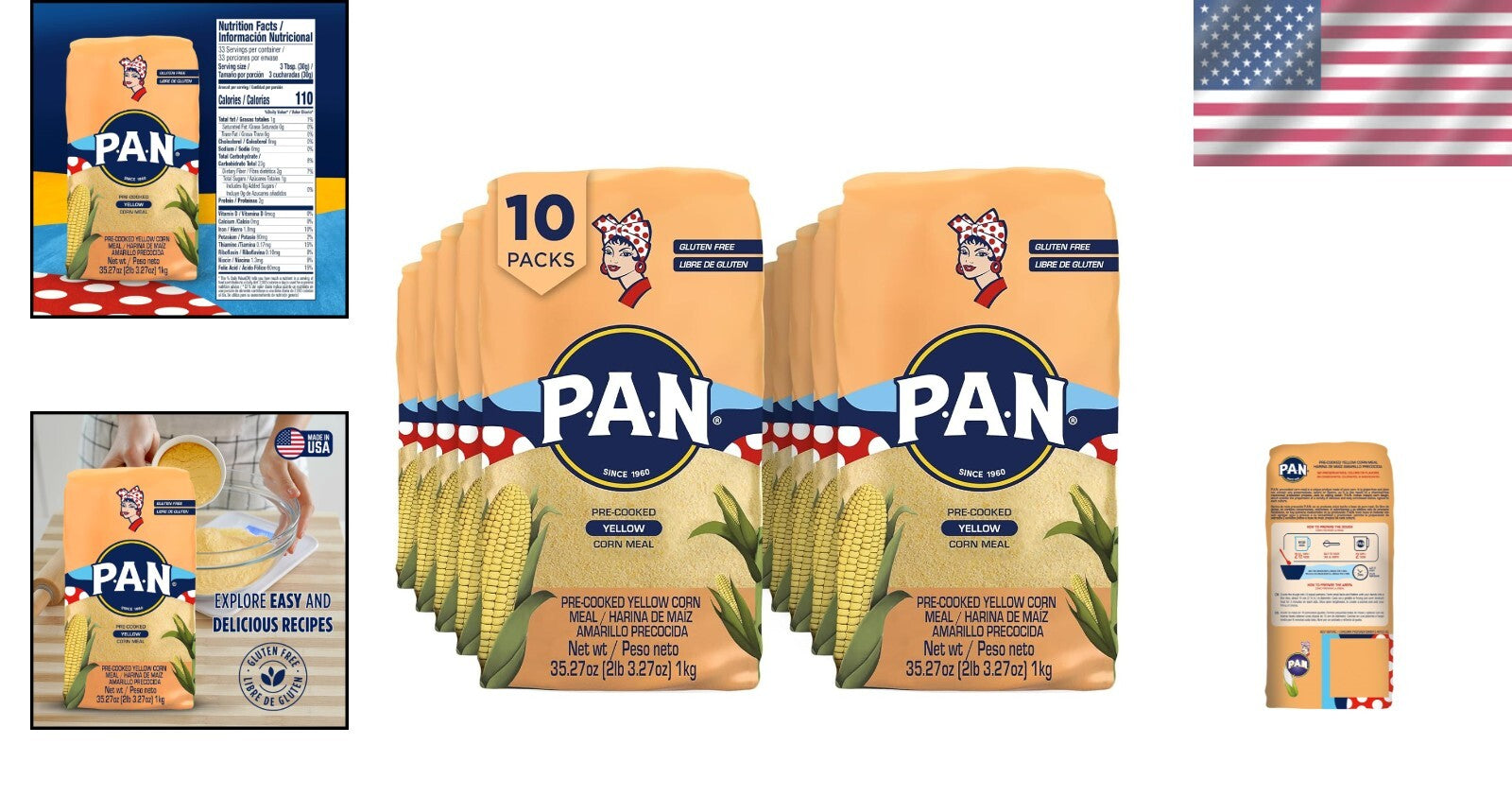 Pre-Cooked Gluten-Free Yellow Corn Meal for Arepas - Pack of 10, 2.2 lb Each