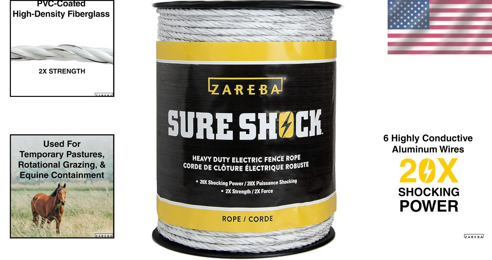 656ft Lightweight UV-Protected Electric Fencing Polyrope with 6 Aluminum Wires