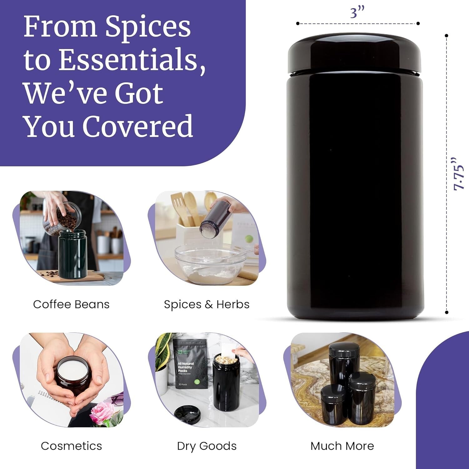 Classic Airtight Glass Jar - 1L UV Black Storage with Screw Top Lid, 3 Pack