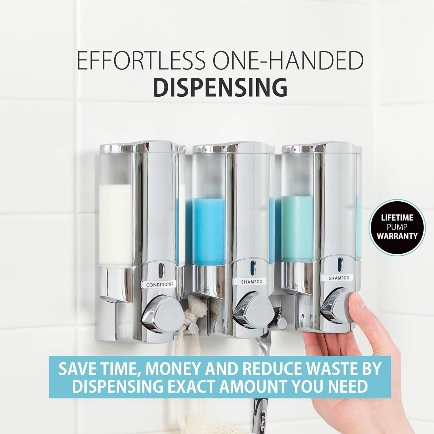 Chrome 3-Chamber Pump Dispenser for Soap, Shampoo & Conditioners - Quick Install