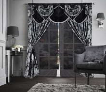 Load image into Gallery viewer, Jacquard Paisley Black Window Curtain Set – 55x84 Panels with Easy Rod Pocket
