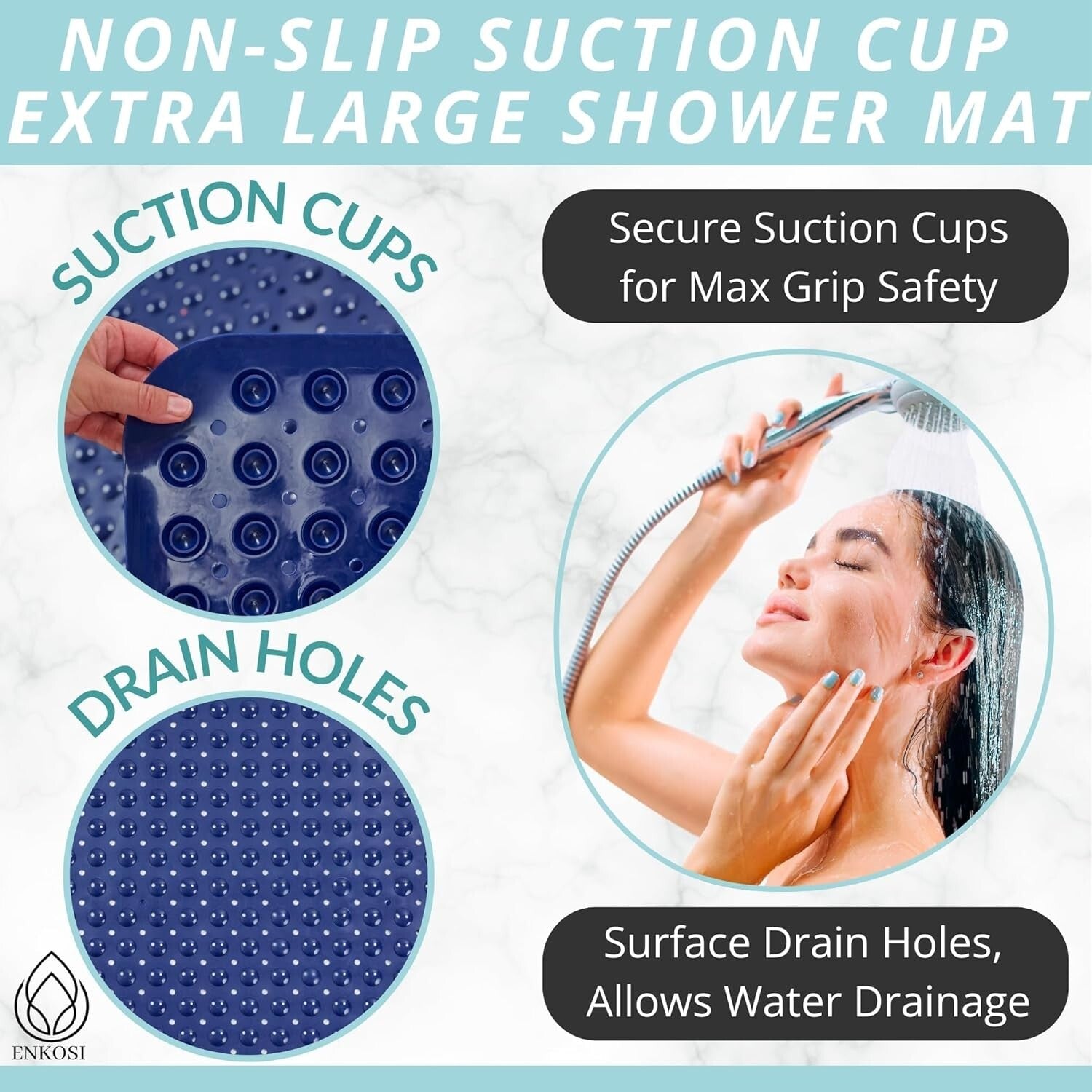 XL Bathroom Shower Mat 47x32 - Durable Anti-Slip with Drain Holes & Suction Cups