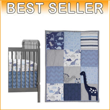 Load image into Gallery viewer, Modern Dinosaur Crib Bedding Set, 3 Pieces with Quilt and Dust Ruffle, Blue/Gray