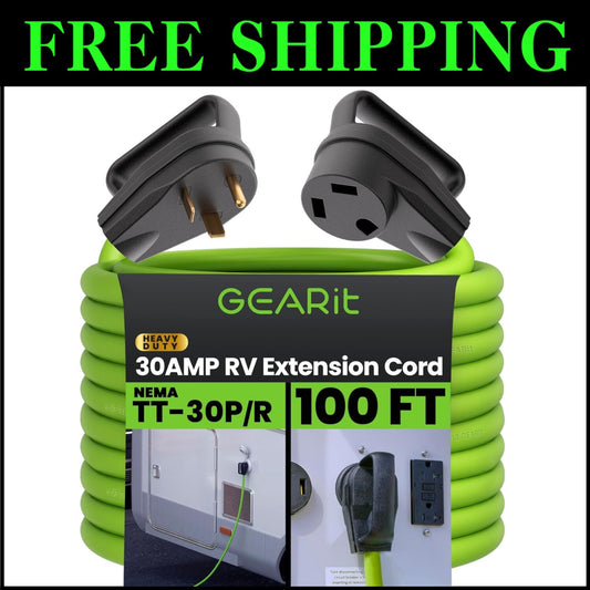 Premium 30 Amp RV Extension Cord 100ft - Bright Green TT-30 Plug for Safety