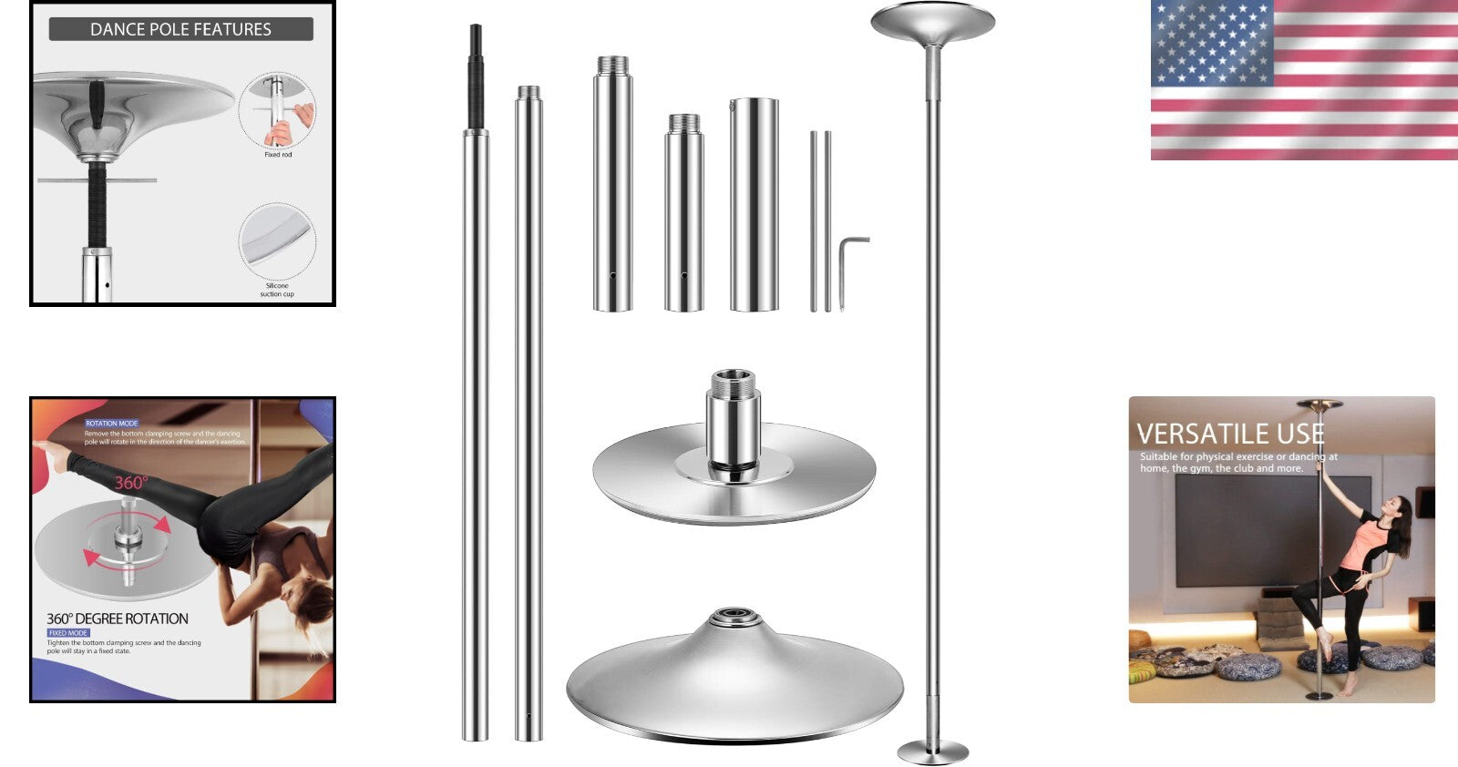 Durable Chrome Steel 45mm Spinning Dance Pole with Adjustable Height & Modes