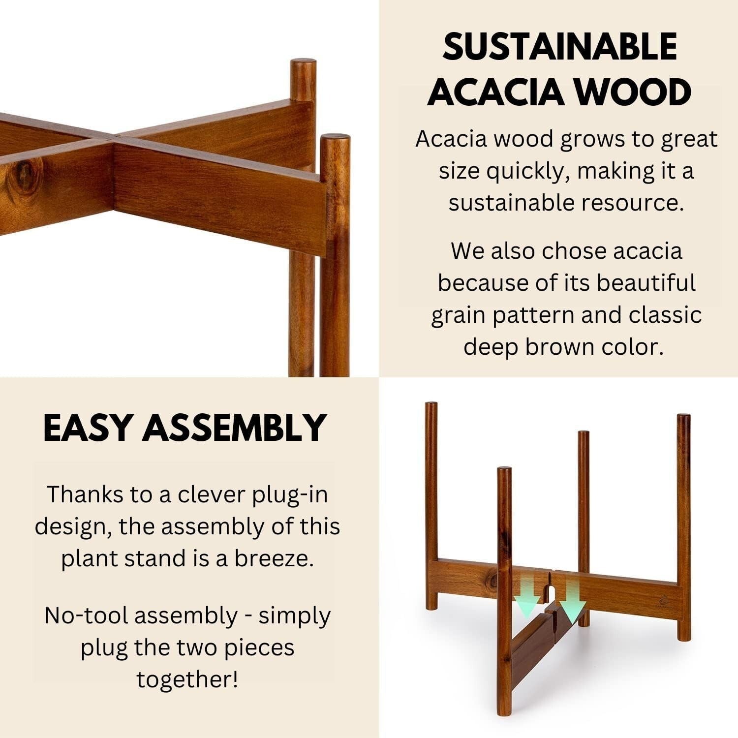 Elegant Mid Century Acacia Wood Plant Stand - Fits 14.9 Inch Pots, No Assembly