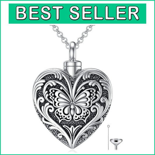 Butterfly Design Cremation Necklace for Ashes in Sterling Silver for Him & Her