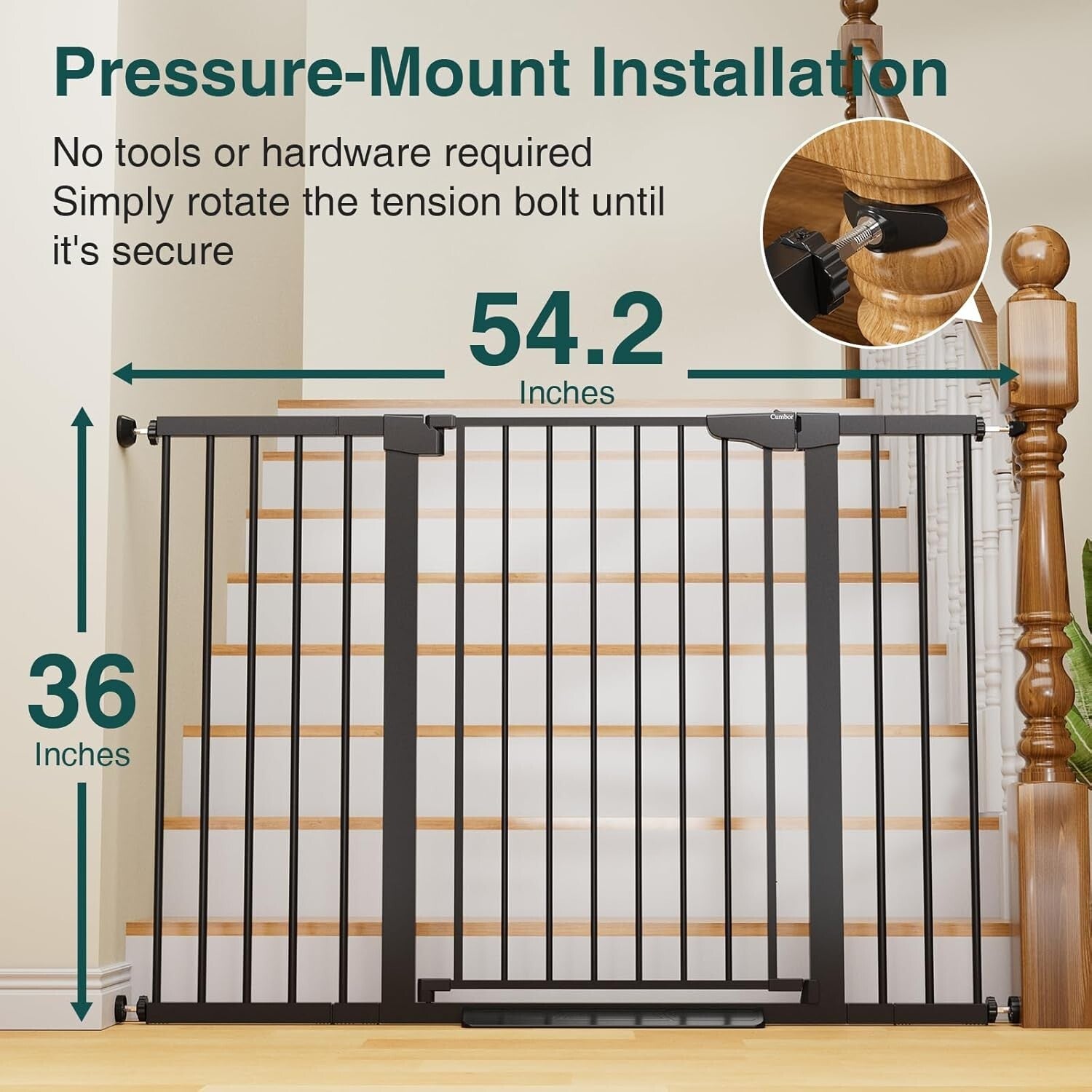 Black Pressure Mounted 36" Child & Pet Safe Gate - Auto Close & Adjustable Width
