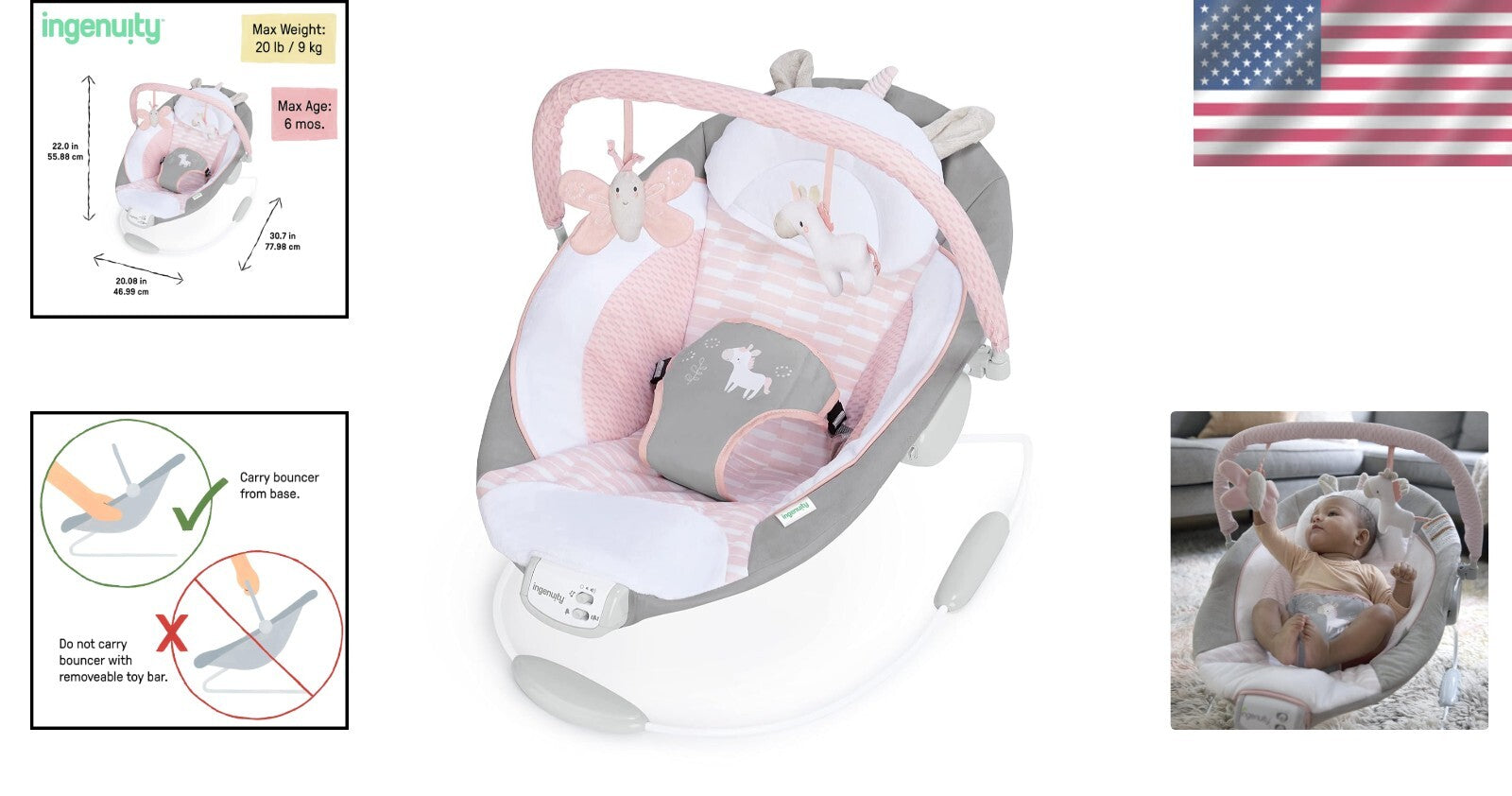 Soothing Pink Unicorn Baby Bouncer with Vibrations & 8 Melodies for Girls