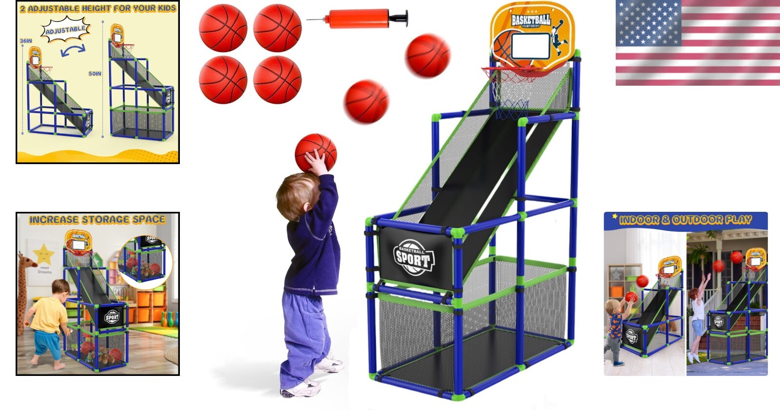 Kids Indoor Basketball Hoop with Adjustable Height & Storage for Fun Playtime