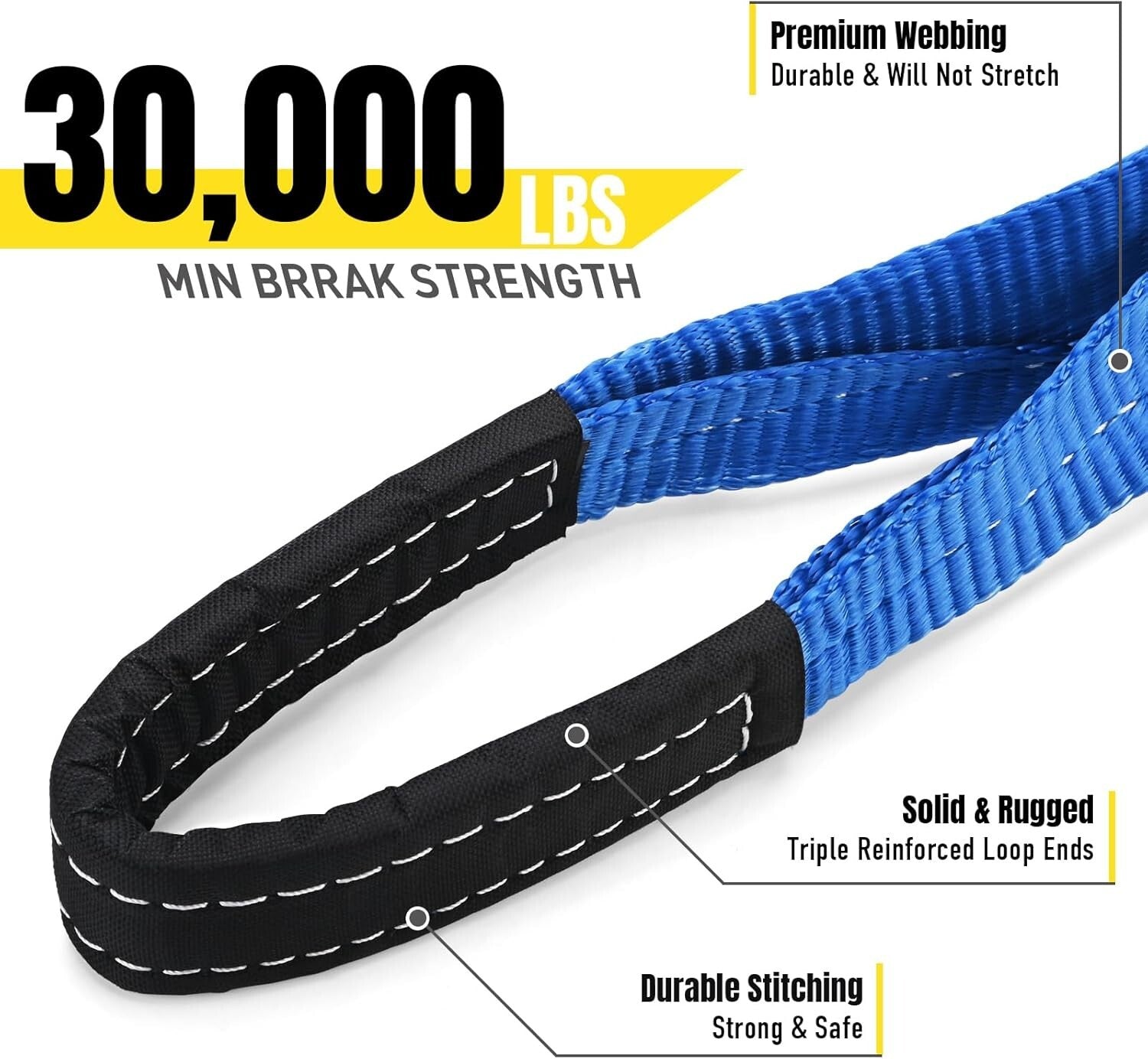 Heavy-Duty 3'' x 30 ft Recovery Tow Strap - 30,000 lb Capacity with Storage Bag