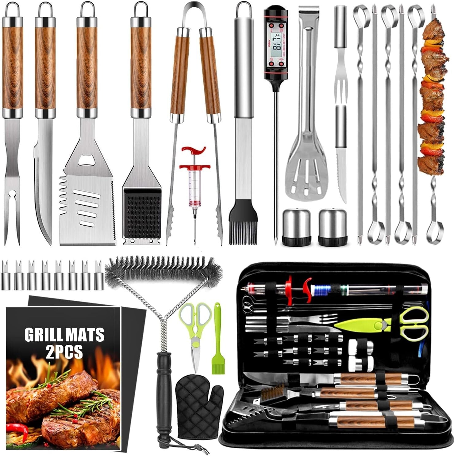 34-Piece Premium Stainless Steel BBQ Accessory Set with Thermometer & Mats