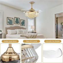 Load image into Gallery viewer, Modern Gold Crystal Ceiling Fan with Dimmable LED Lights, 42" Retractable Design