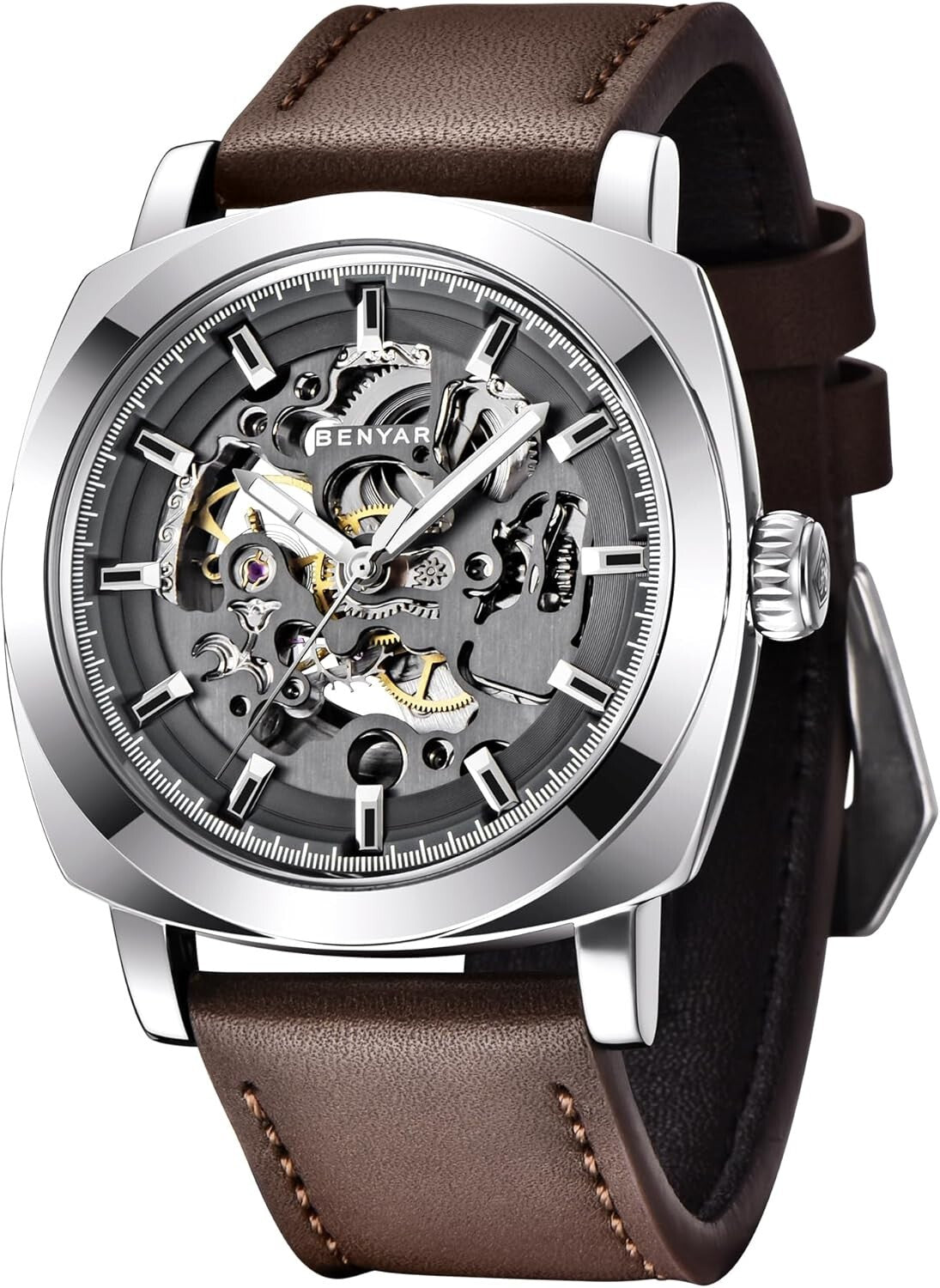 Benyar Men's Automatic Skeleton Watch - Stylish 45mm Leather Strap Design