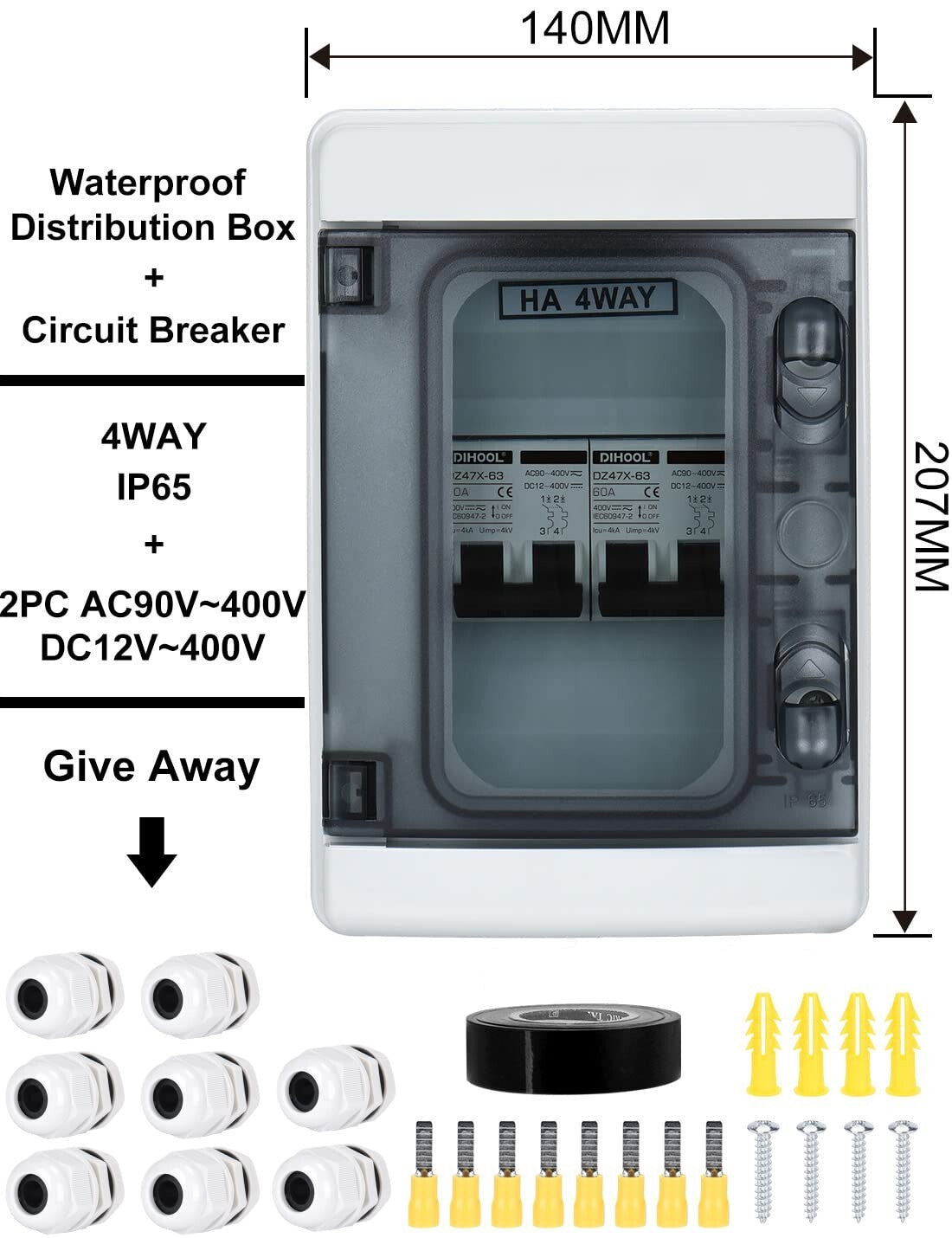 IP65 Waterproof 60 Amp Circuit Breaker Box with Transparent Monitoring Cover