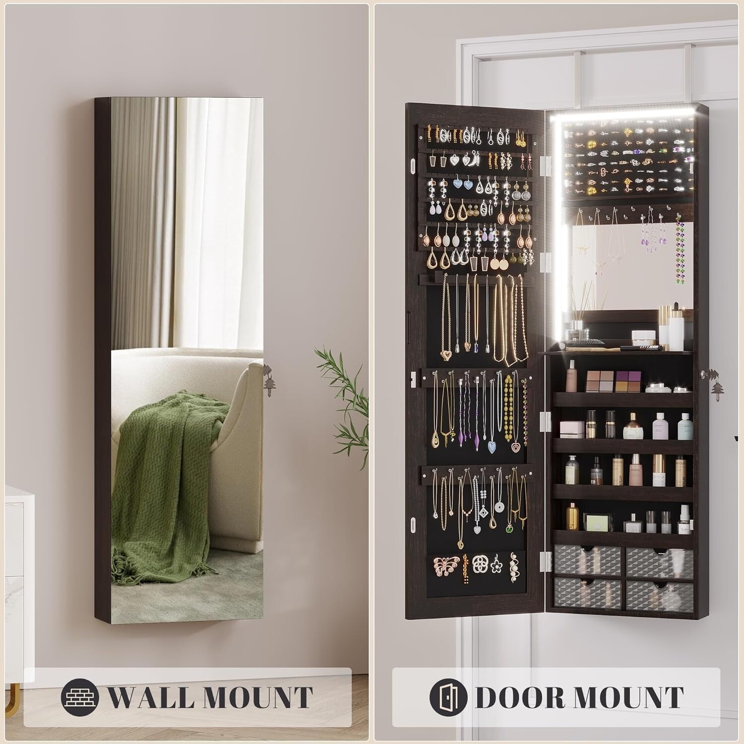 Modern 47.2" Jewelry Storage Cabinet with Full-Length Mirror & Built-in Lighting