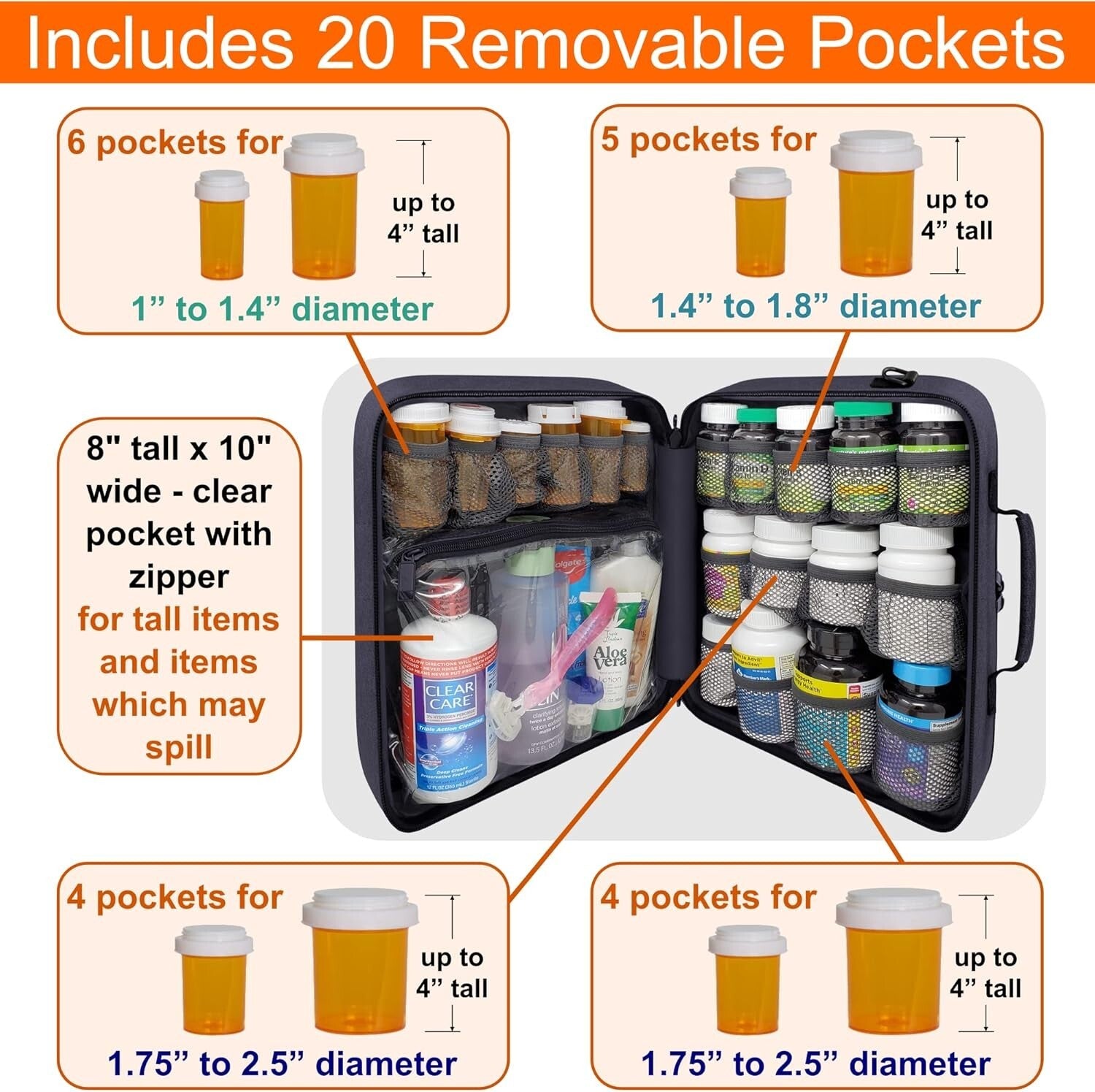Extra-Large Pill Bottle Organizer: Travel Medicine Bag with Lock & 19 Pockets