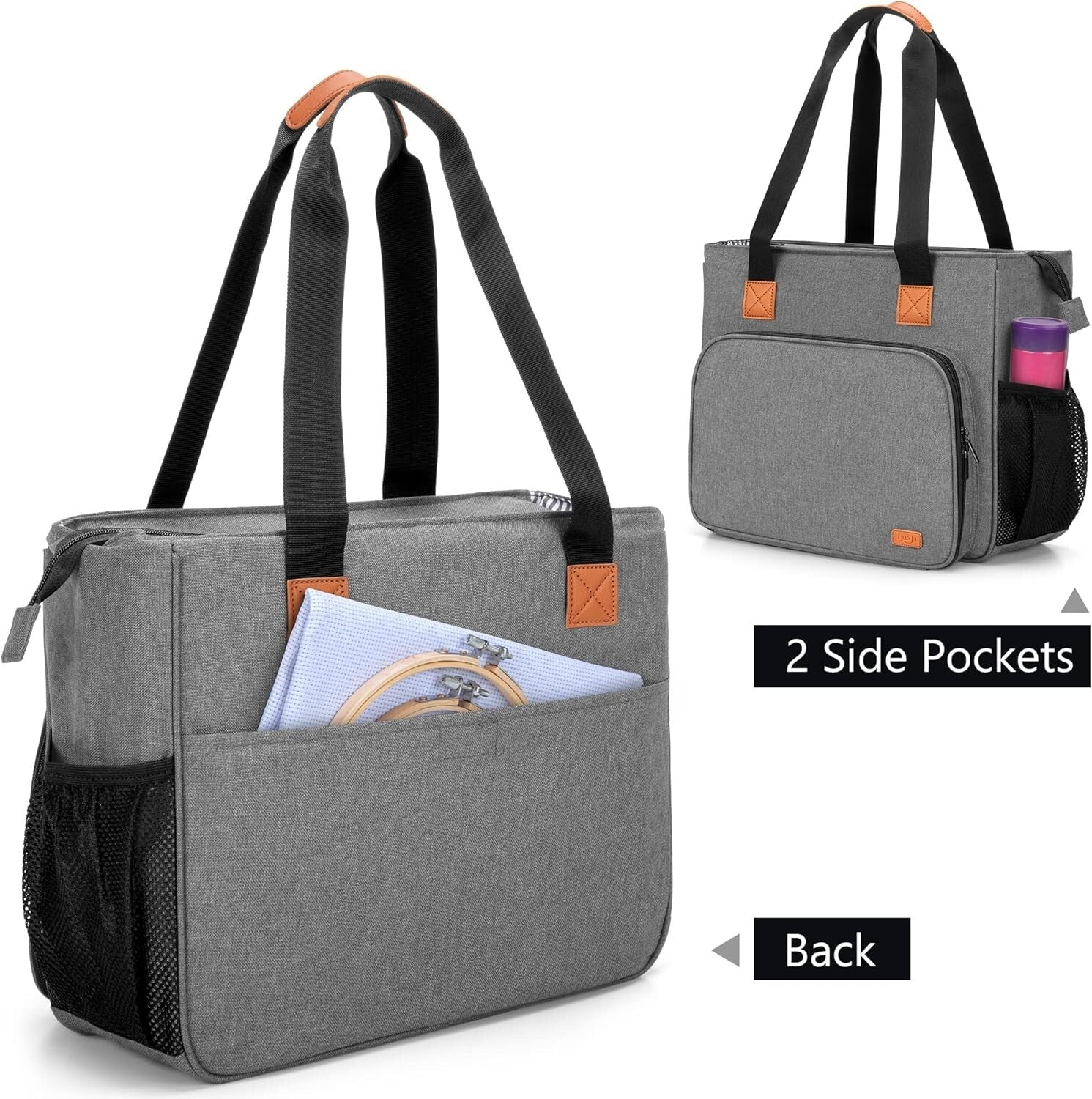 Heavy-Duty Gray Embroidery Project Bag with Padded Storage & Multiple Pockets