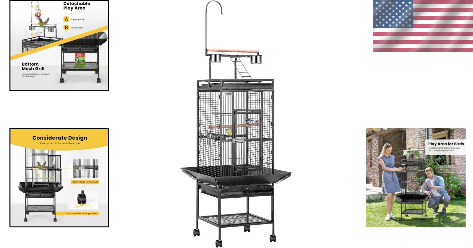 Elegant Black Bird Cage with Play Top - Ideal for African Grey, Macaws, and More