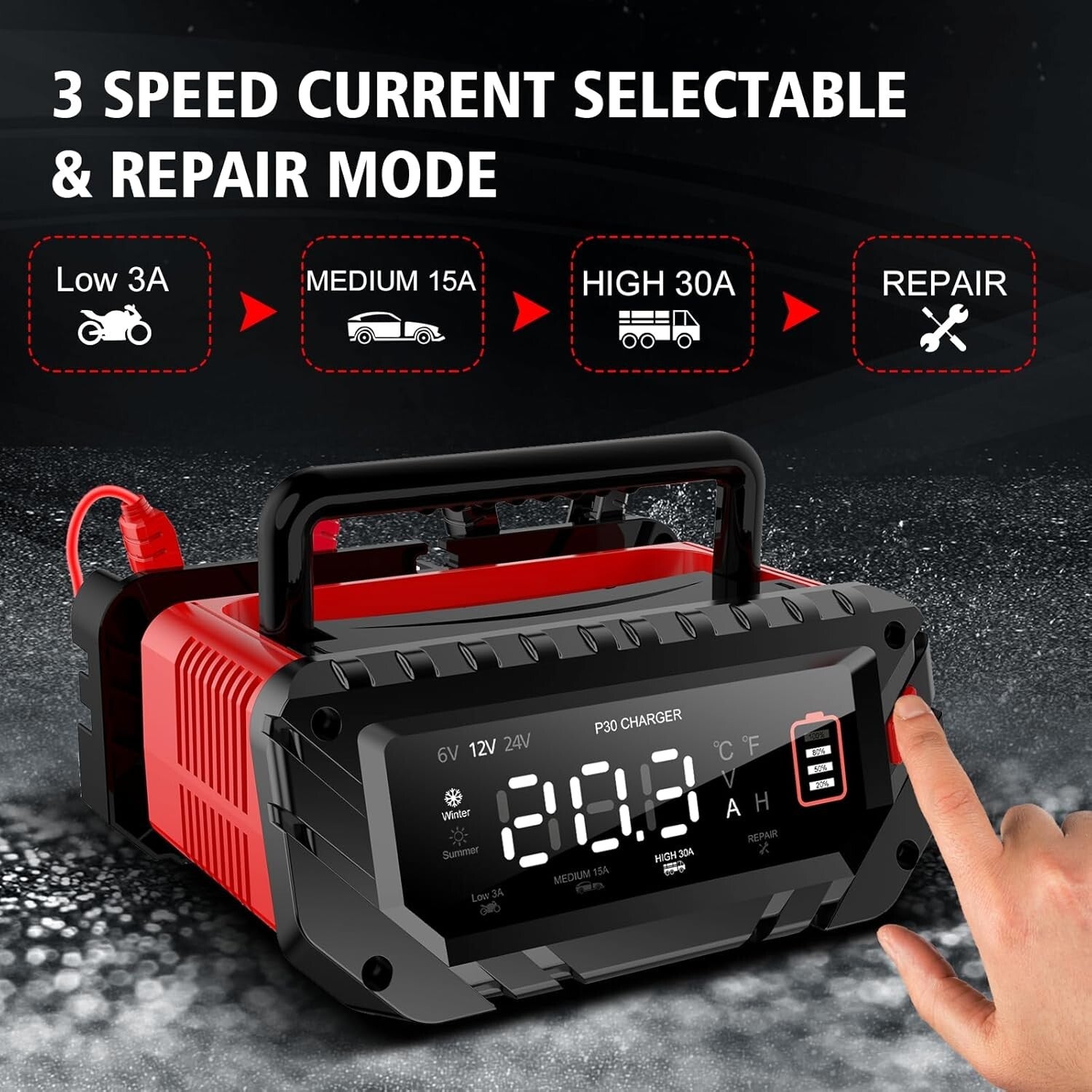 30 Amp Smart Lithium Battery Charger for 6V/12V/24V Vehicles – Portable & Safe