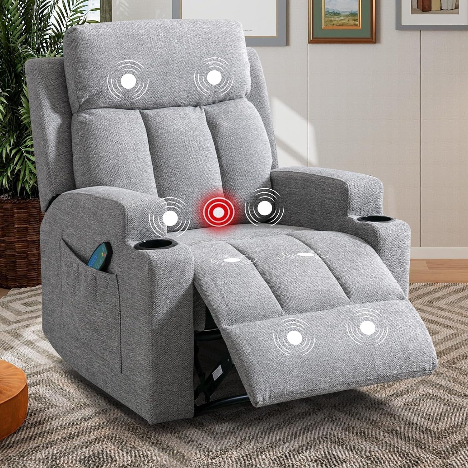 Ergonomic Manual Recliner with 8 Massage Motors & Storage - Modern Gray Style