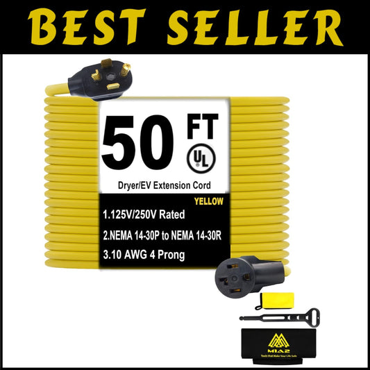 10 Gauge 50FT NEMA 14-30 Extension Cord - Ideal for Dryers and Level 2 Charging