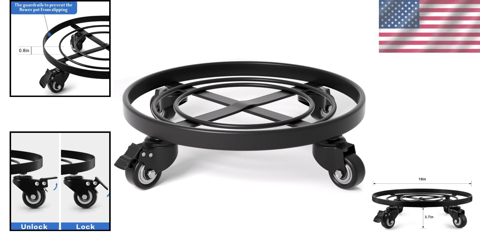 16" Heavy Duty Metal Plant Caddy with Wheels for Indoor & Outdoor Use