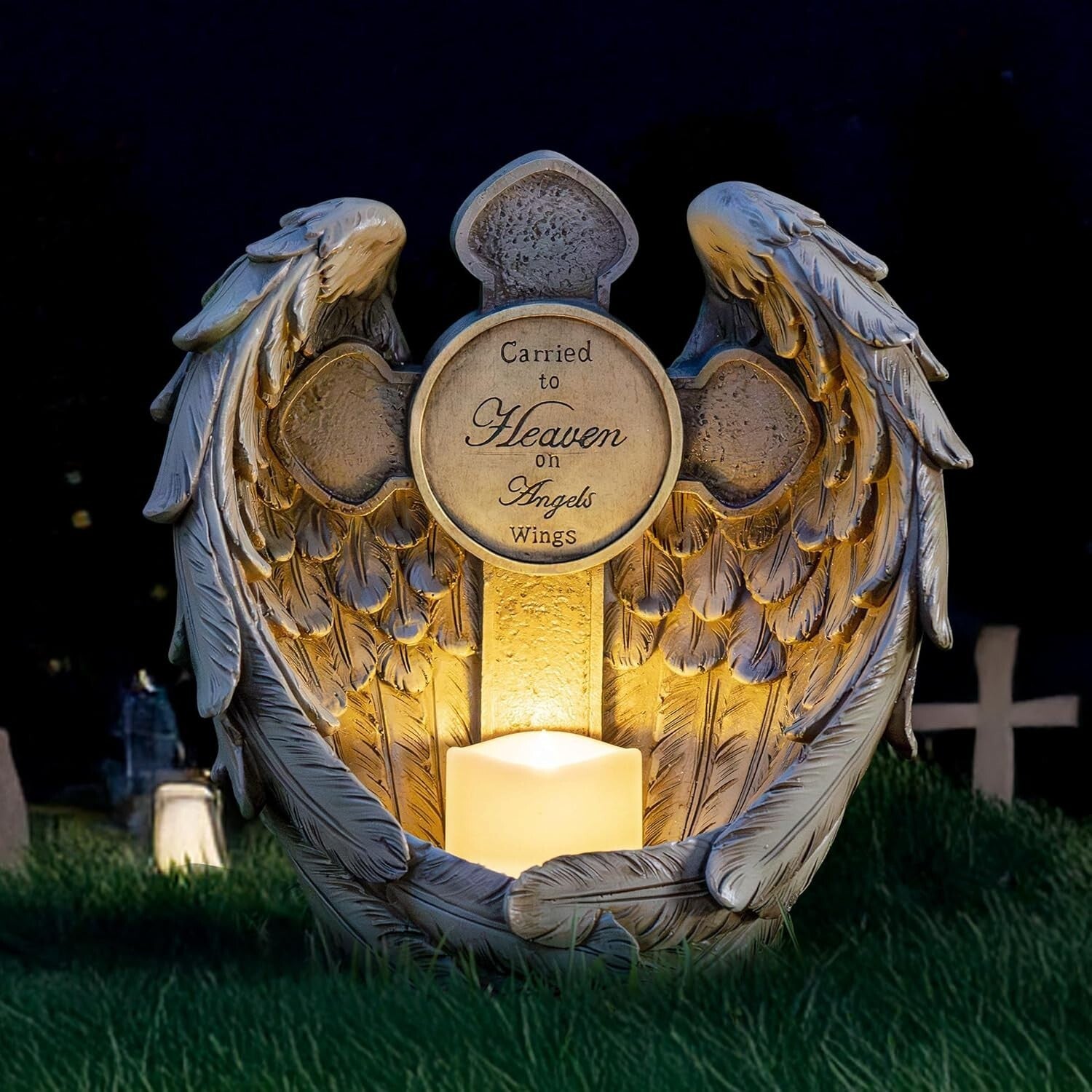 Tranquil 12'' Solar Angel Wing & Cross Light - Sympathy Gift for Grave Decor