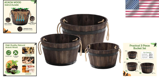 Durable Outdoor Acacia Wood Barrel Planters - Set of 3 with Drainage Holes