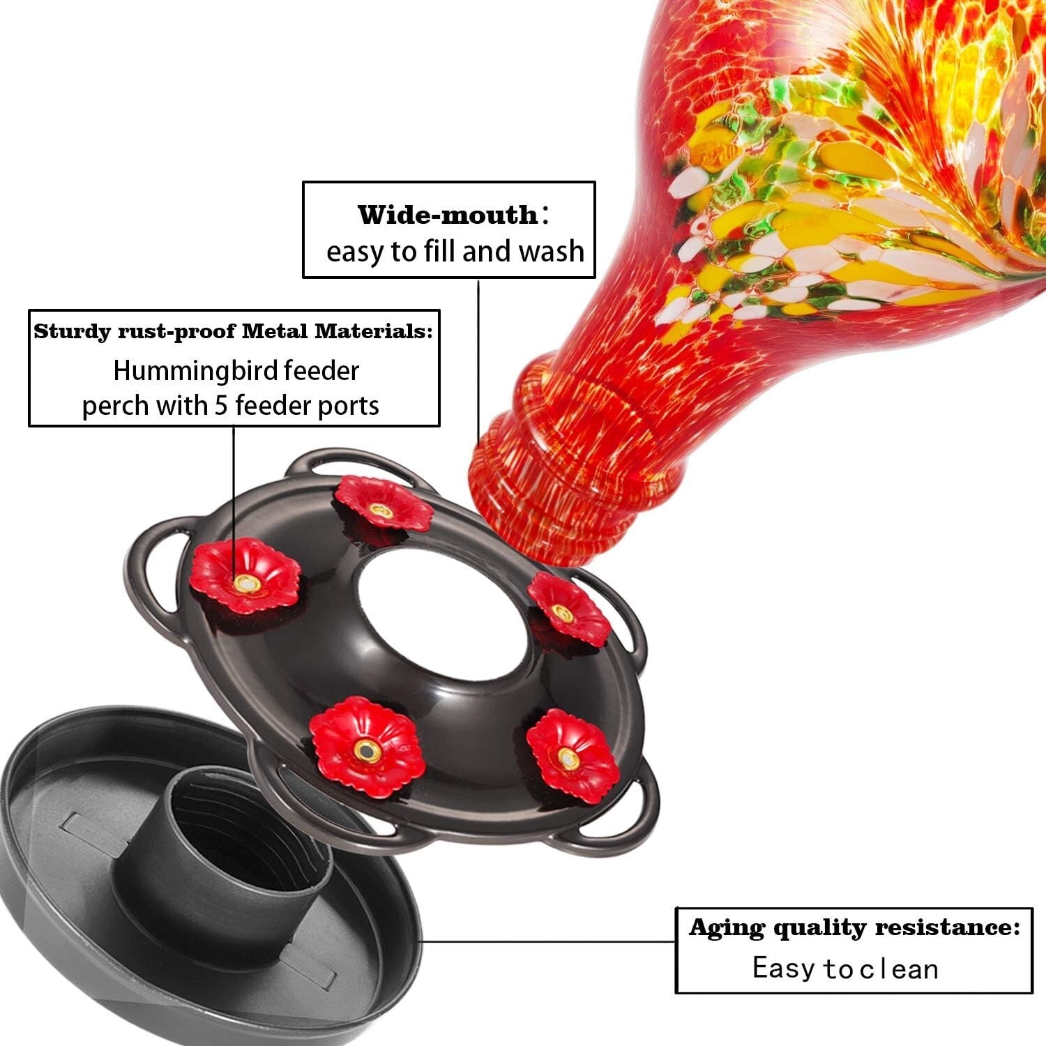 Large Capacity Hummingbird Feeder - Hand Blown Glass, Easy to Clean Design