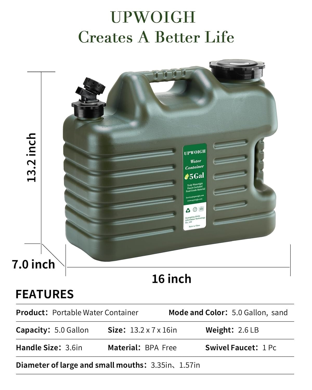5-Gallon Leak-Proof Water Jug with Easy Pour Spigot, BPA-Free, Military Green