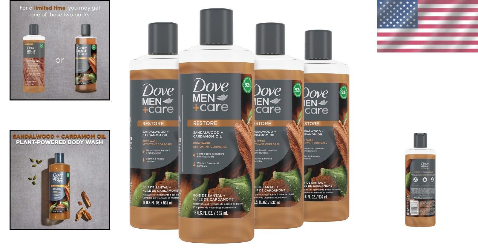 Sandalwood & Cardamom Men's Body Wash - 18 oz x 4 - Hydrates Skin Naturally