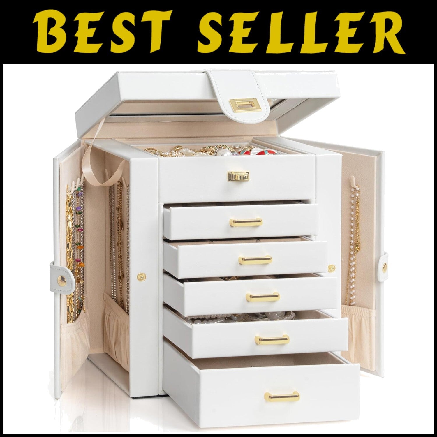 Portable 6-Layer Leather Jewelry Organizer with 5 Drawers and Mirror for Women