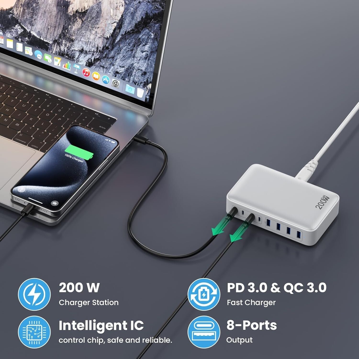 Fast 200W USB C Charging Station with 8 Ports - Ideal for Multiple Devices