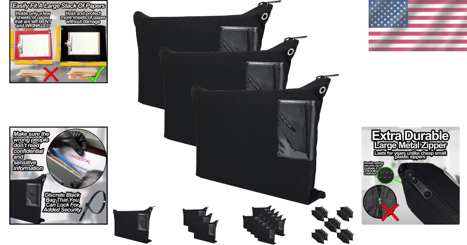 Extra Large Durable Black Canvas Mailer Transit Sack - 18" x 14" - Pack of 3