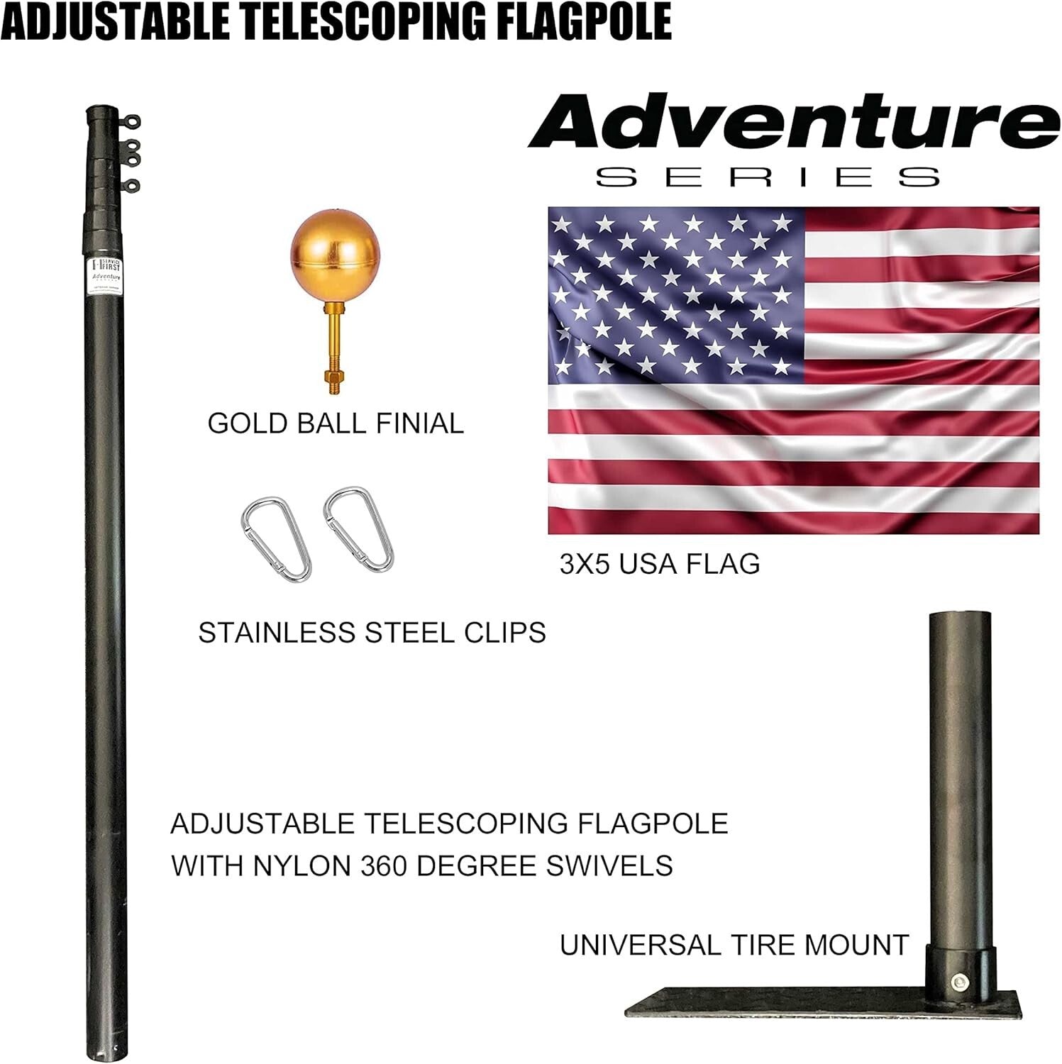 20FT Tailgate Flag Pole Kit with Stainless Steel Mount & Car Protector Pad