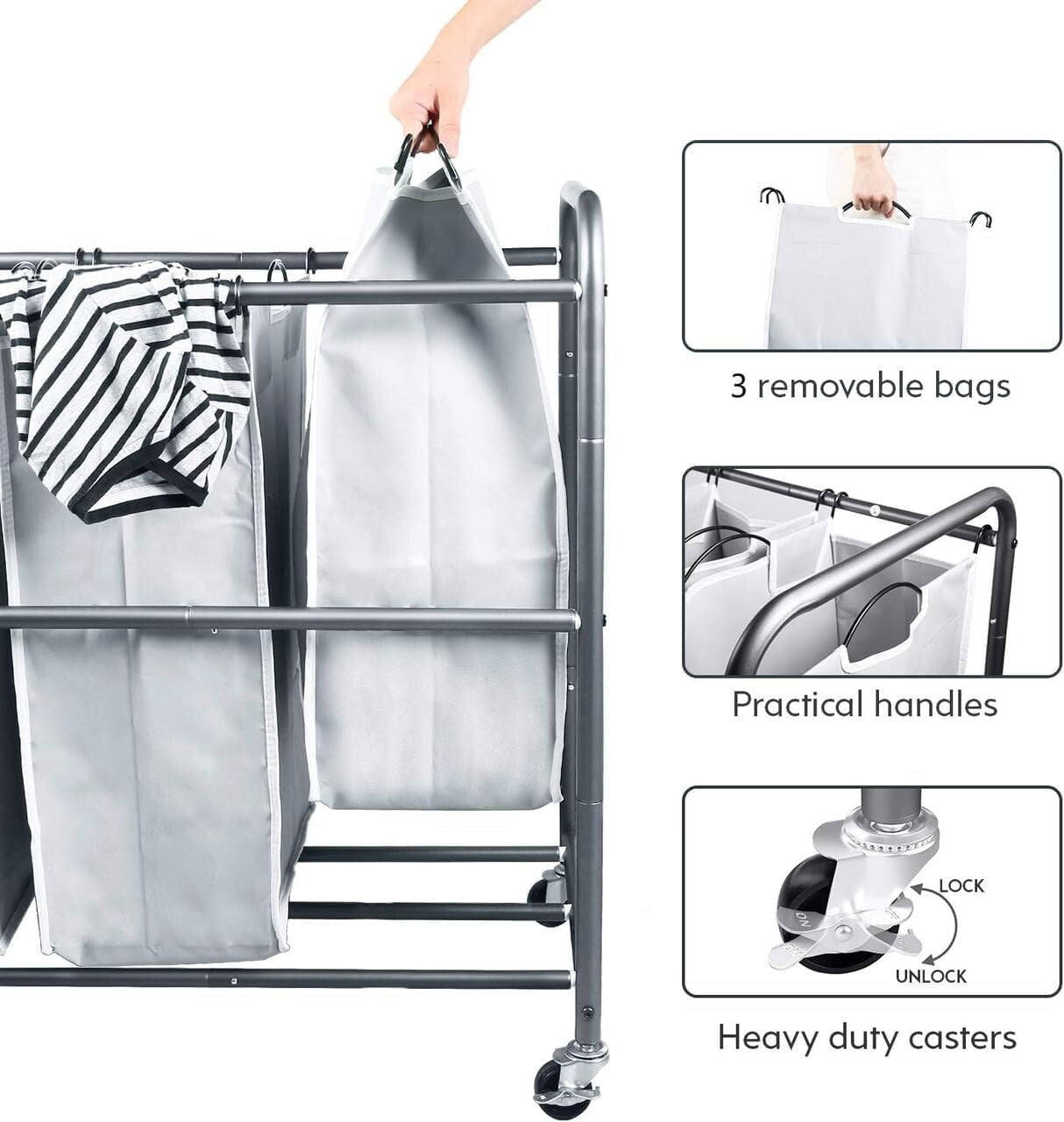 Gray Laundry Hamper on Wheels - 3 Compartments & Removable Bags for Easy Sorting