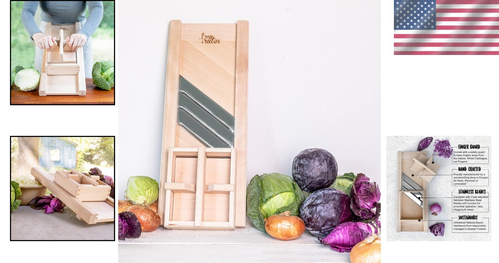 Natural Beech Wood Cabbage Shredder with Safety Guard - Perfect for Sauerkraut