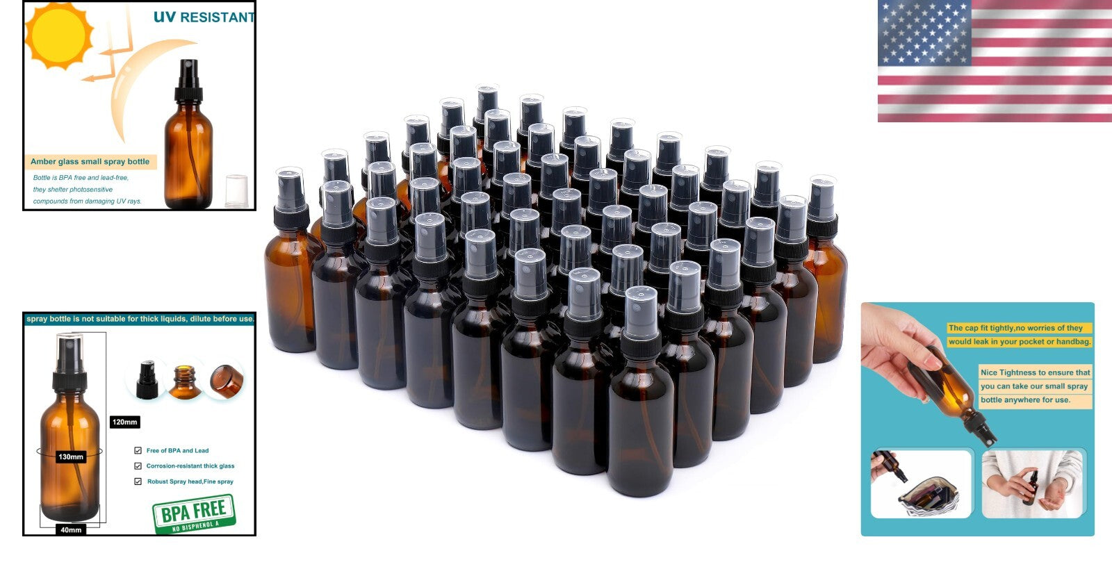 Leaking-Proof 2oz Glass Spray Bottles Set of 48 for Skin Care & Cleaning