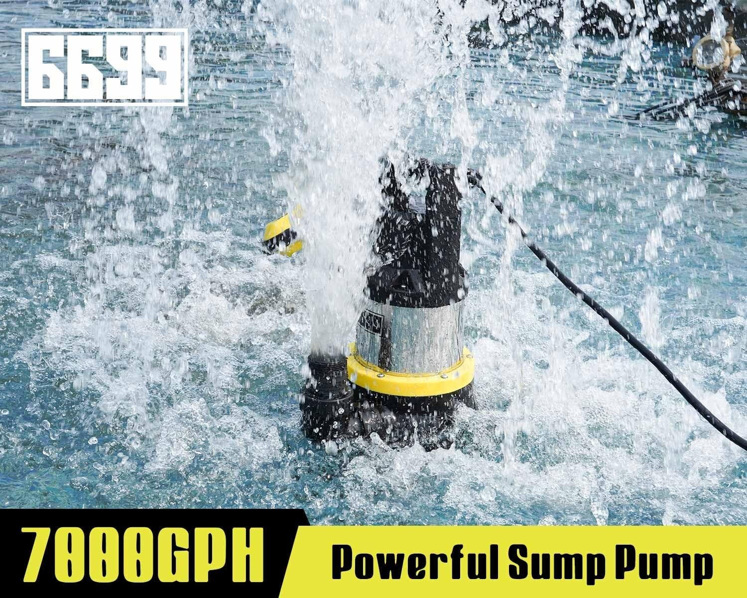 Heavy-Duty 7000GPH Submersible Pump with 16ft Cord - Maximum Lifting 30ft