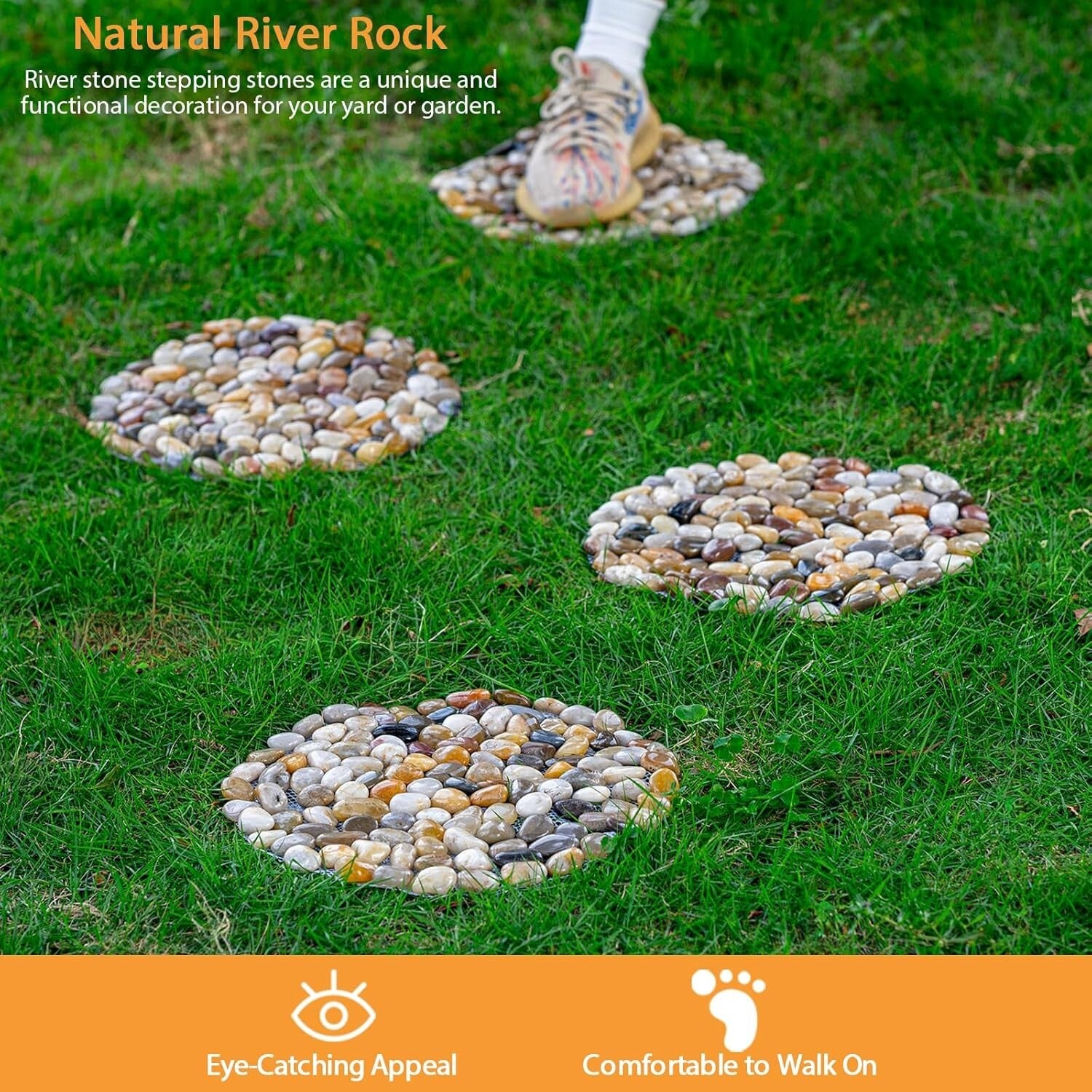 Durable 12'' Round Polished Pebbles Stepping Stones for Garden Walkways - 6 Pack