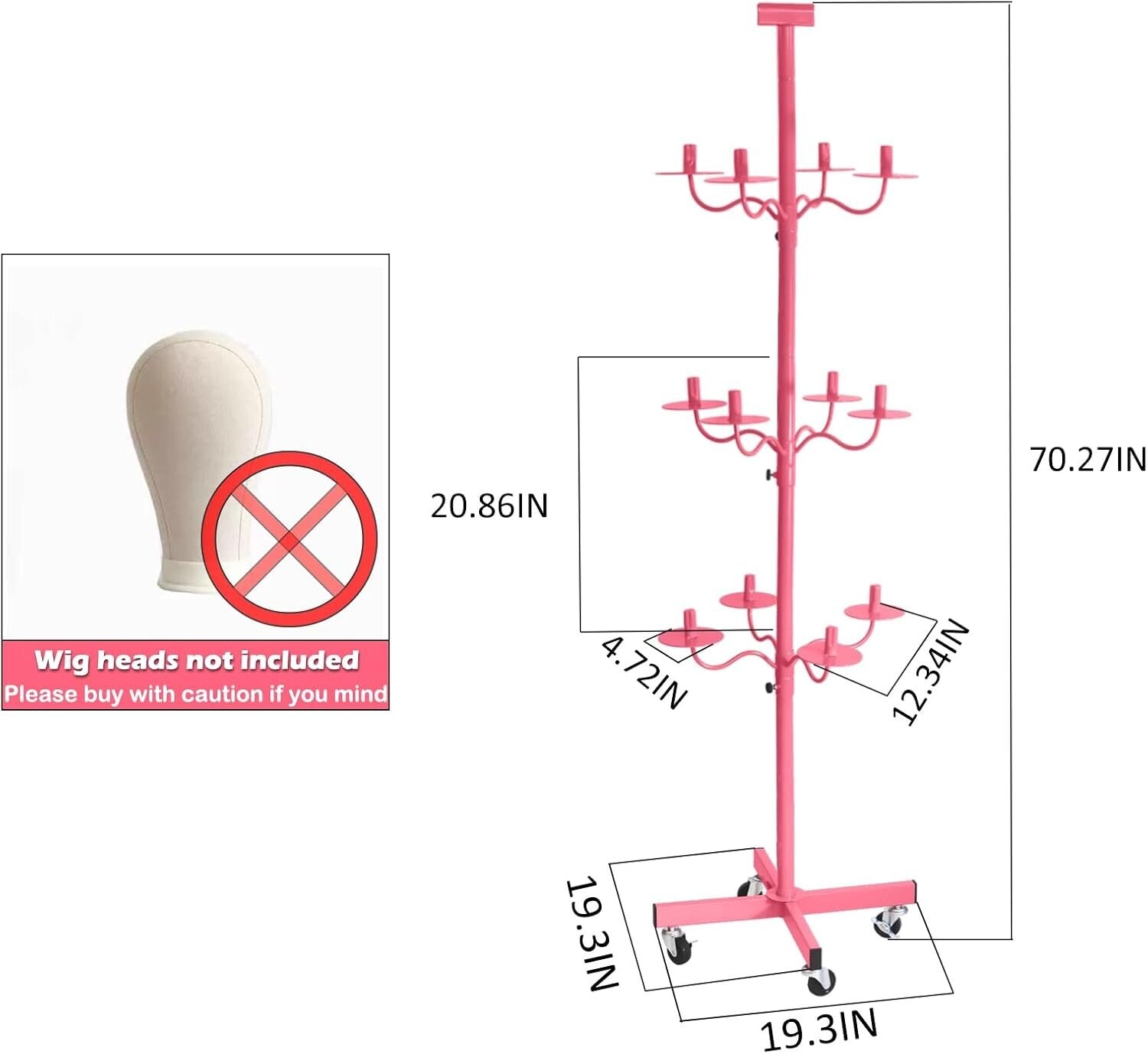 Carbon Steel Multi-Wig Holder - 12-Head Pink Styling Stand with Reinforced Base