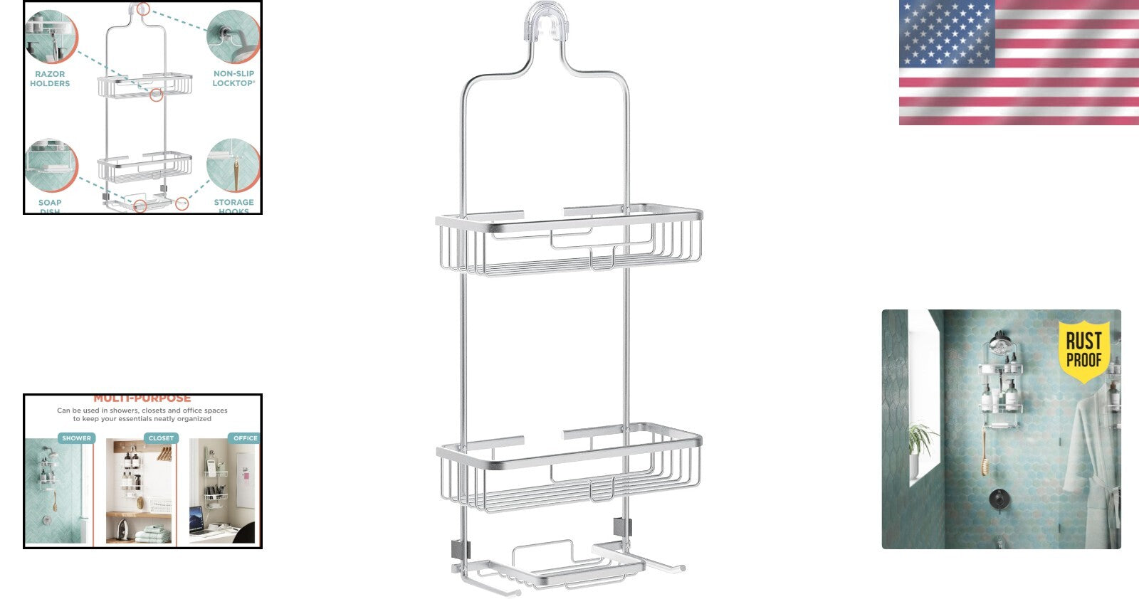 Rustproof Aluminum Shower Caddy - 2-Shelf Overhead Organizer in Satin Chrome