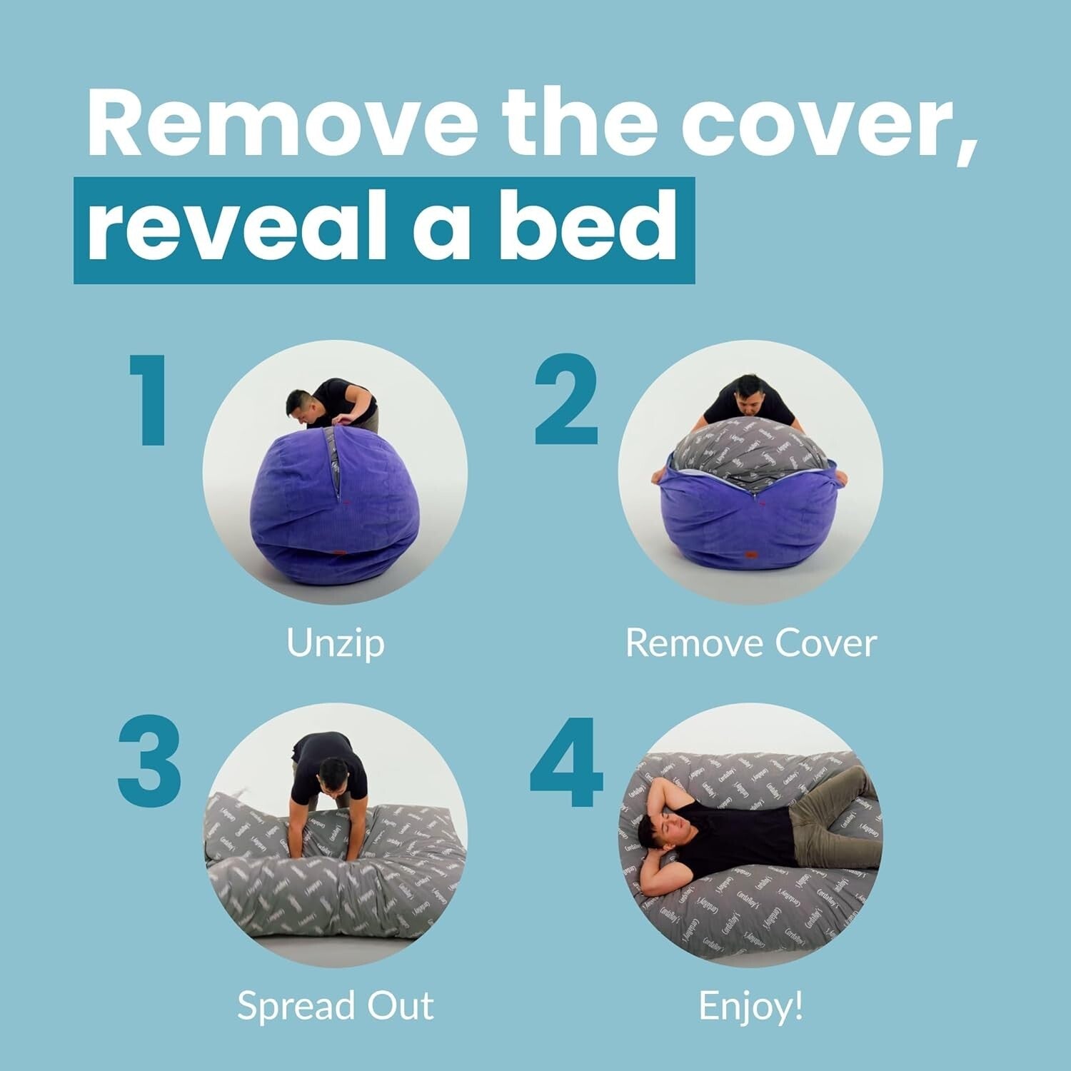 Cozy Chenille Bean Bag Chair & Bed - Full Size, Adjustable & Washable - Charcoal