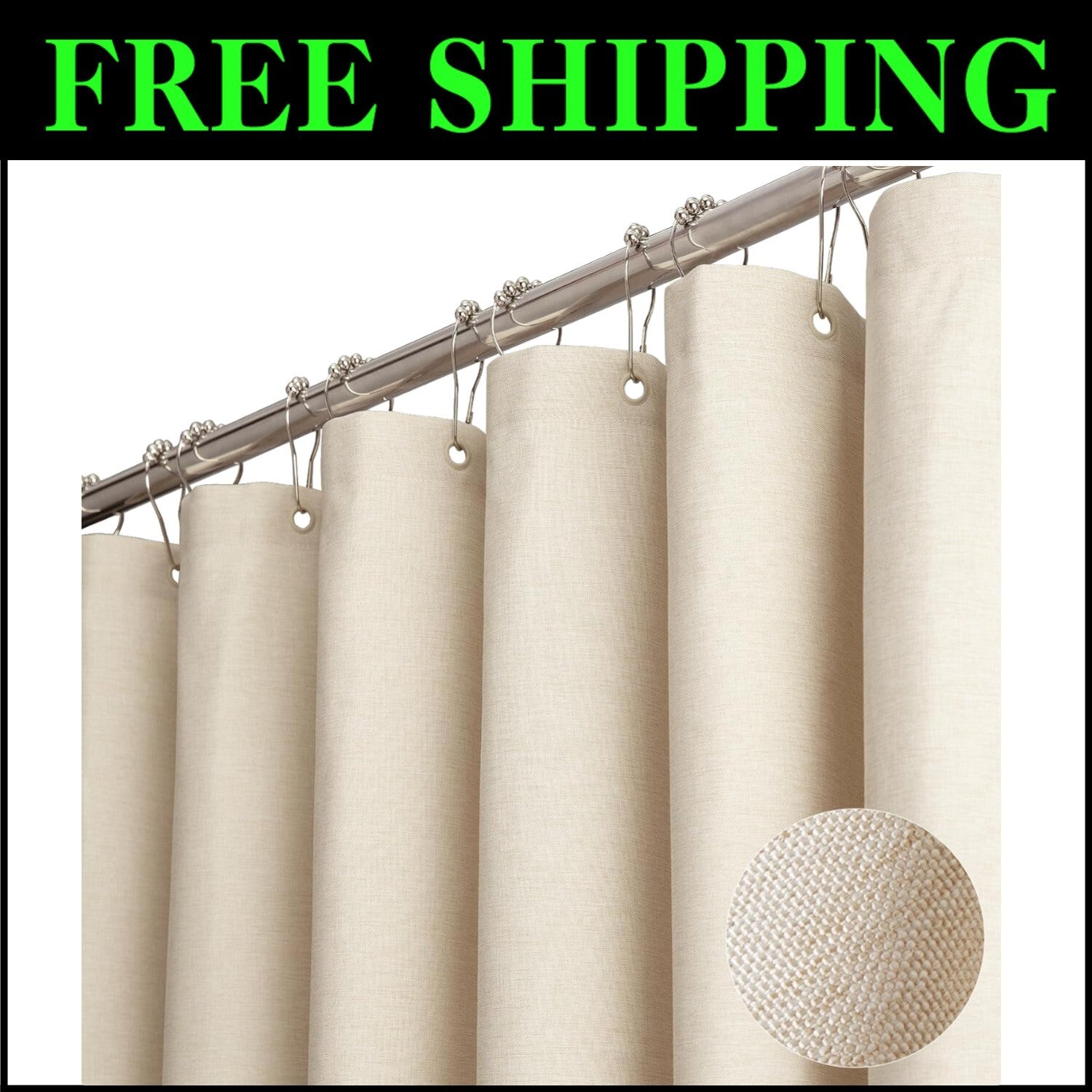 Extra Wide 72"x180" Fabric Shower Curtain - Heavy Duty Water Resistant Cream