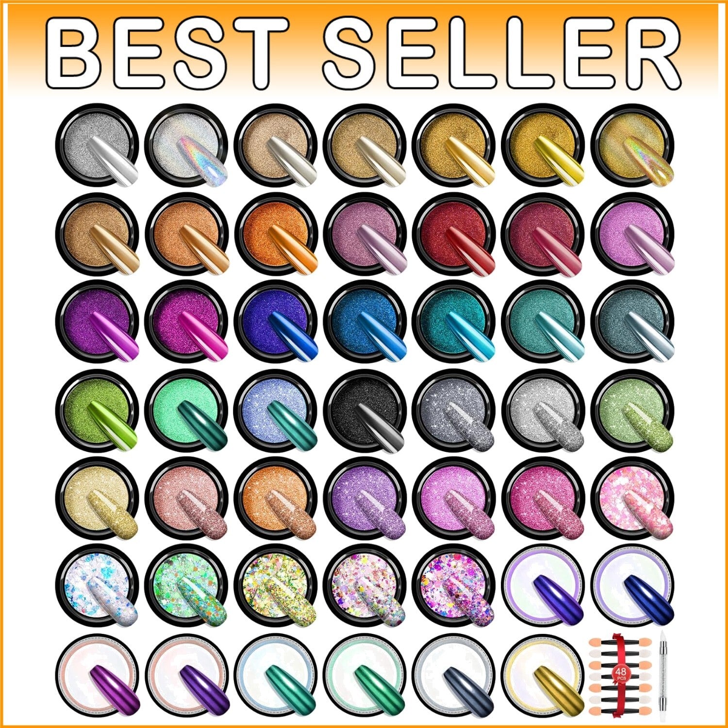 Versatile Chrome Powder Nail Art Kit: 48 Colors & Sponge Applicators Included