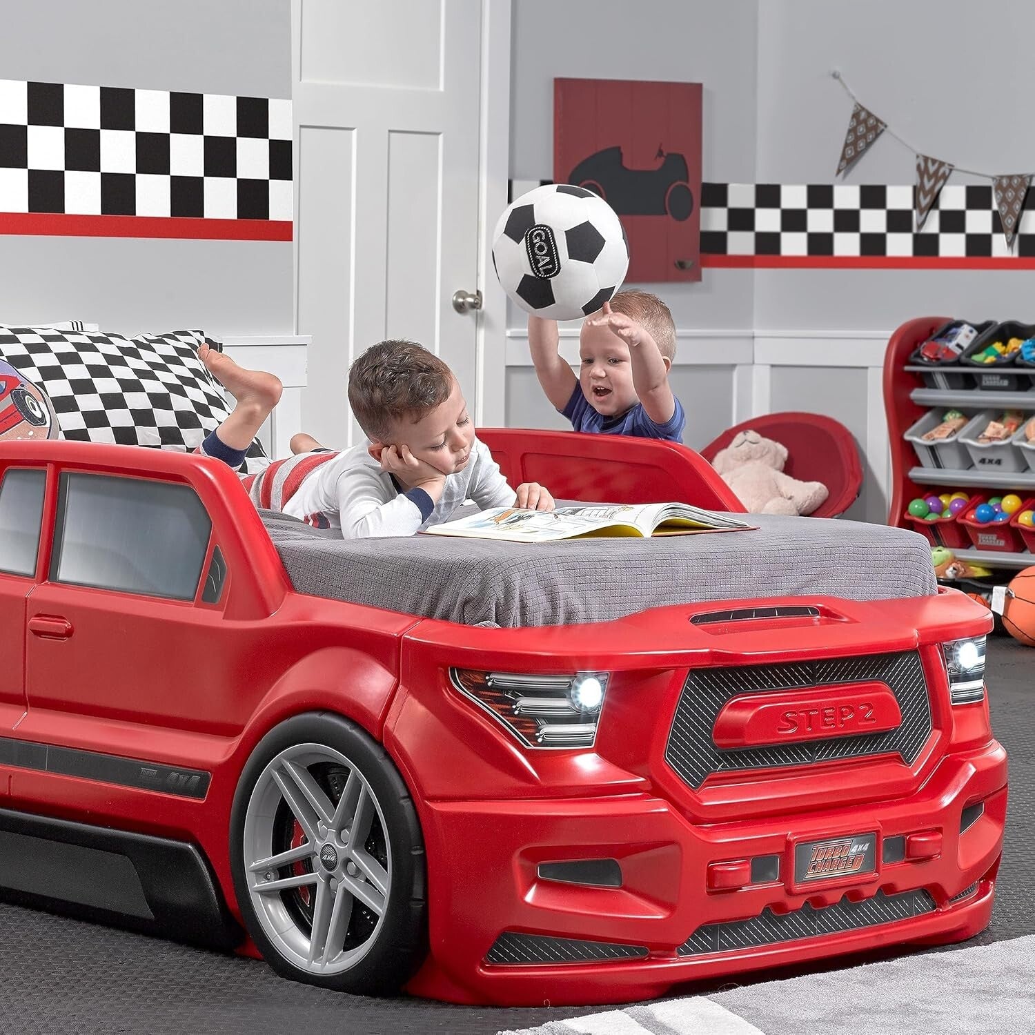Vibrant Red Twin Car Bed with Working Headlights - Ideal for Creative Toddlers