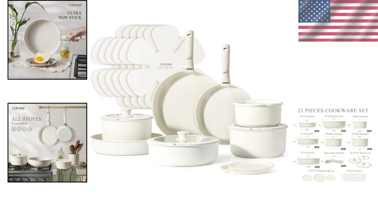 Easy-Clean 21-Piece Cookware Set with Removable Handle: Oven & Induction Safe