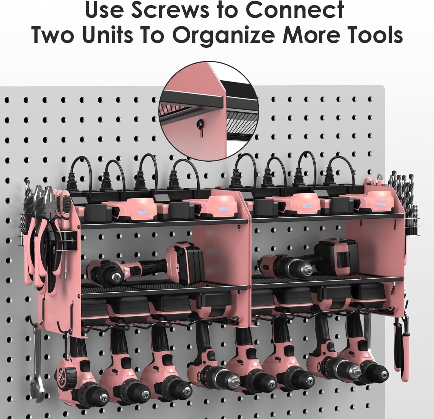 Heavy-Duty Power Tool Storage Shelf with Hooks and Built-in Charging Station