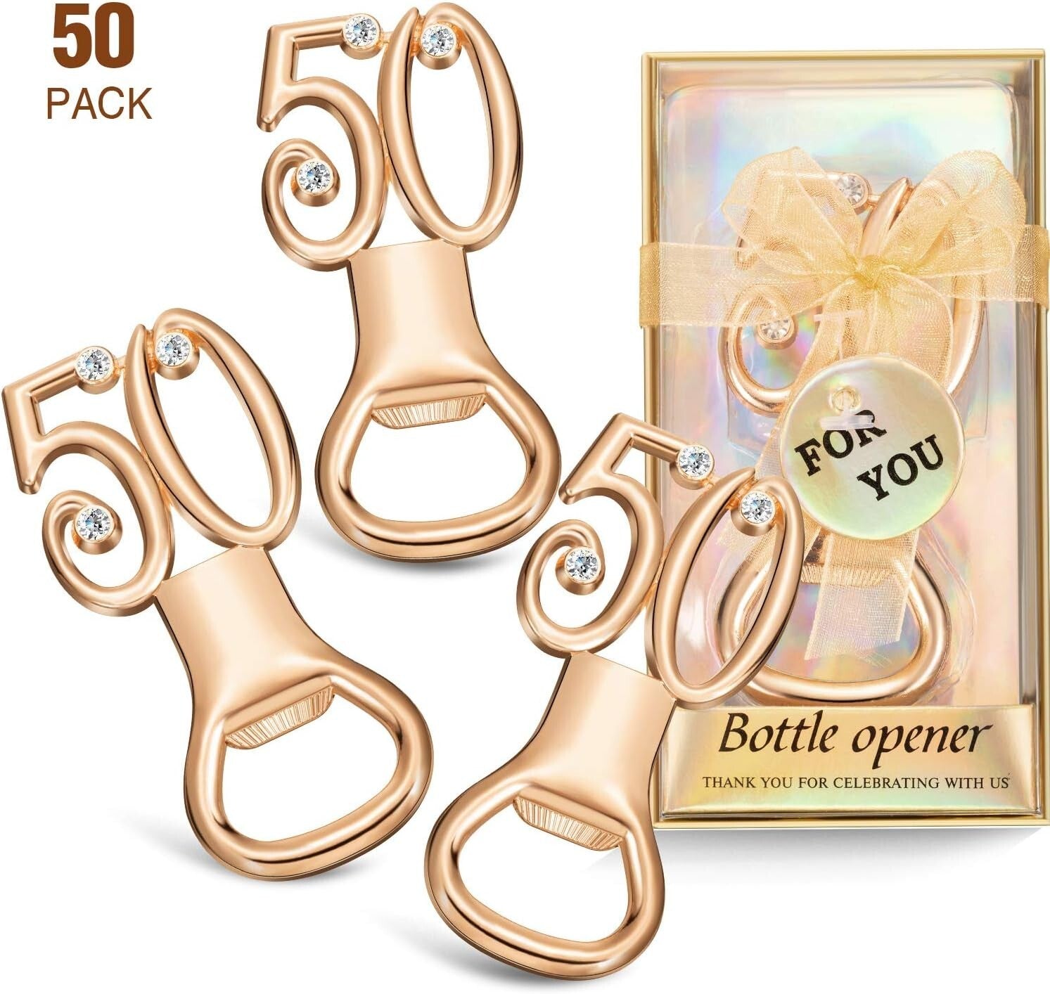 50-Piece Gold Rhinestone Bottle Opener Set for 50th Anniversary Celebrations
